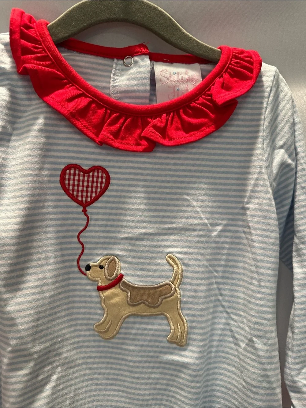 Striped Puppy Appliqué One-Piece for Kids - Red Trim
